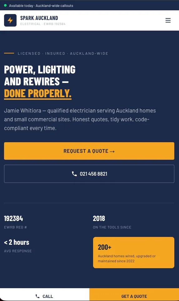 Spark Auckland Electrical mobile view