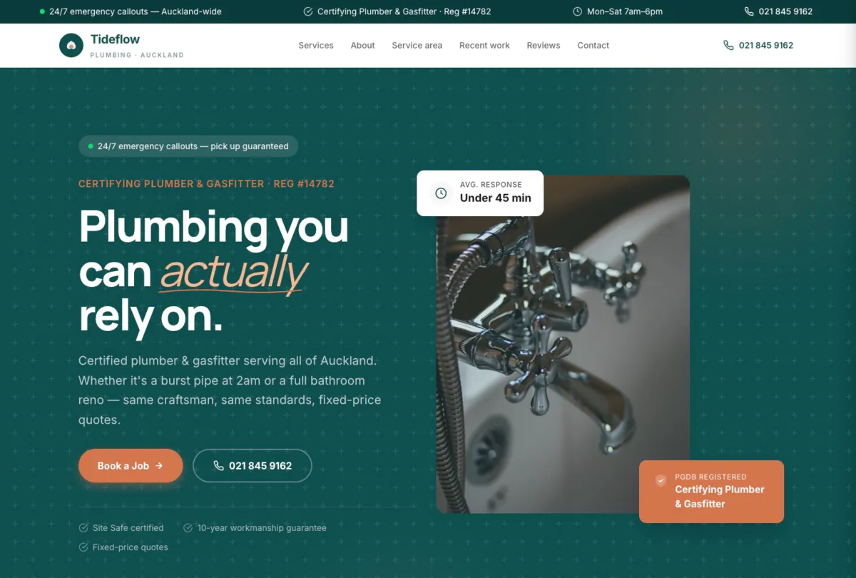 Tideflow Plumbing Auckland homepage