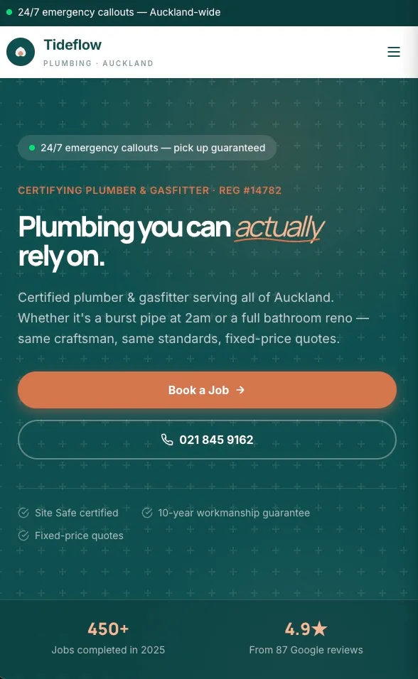 Tideflow Plumbing mobile view